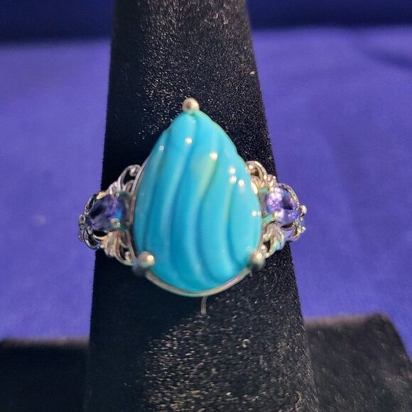 Sleeping Beauty Carved Turquoise & Tanzanite Sterling Silver Ring - Picture 1 of 5